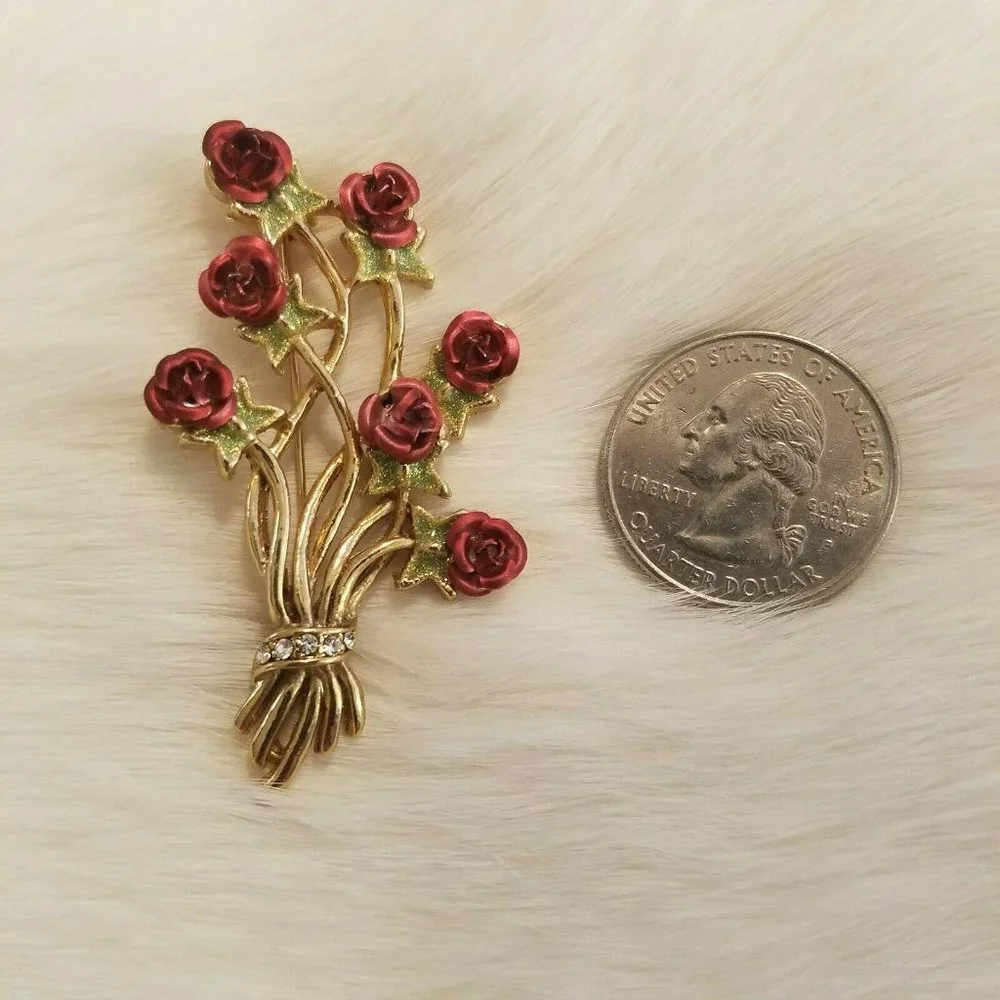 Vintage English Roses Brooch‎ Rhinestone Glitter Enamel Long Stem Floral 2509